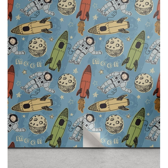 Ambesonne Space Peel & Stick Wallpaper for Home, Astronauts with Rockets, 13"x100", Multicolor