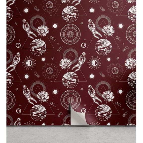 Ambesonne Space Peel & Stick Wallpaper for Home, Outer Space Astronaut Moon, 13"x36", Ruby Eggshell