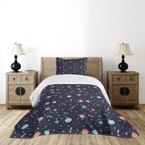 Ambesonne Space Quilted Bedspread Set 2 Pcs, Alien Planets Asteroid, Twin Size, Multicolor