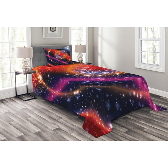 Ambesonne Space Quilted Bedspread Set 2 Pcs, Apocalyptic Cosmos Sky, Twin Size, Multicolor