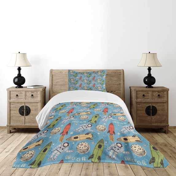 Ambesonne Space Quilted Bedspread Set 2 Pcs, Astronauts with Rockets, Twin Size, Multicolor