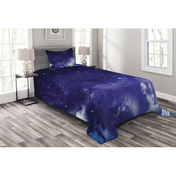 Ambesonne Space Quilted Bedspread Set 2 Pcs, Dreamy Night with Stars, Twin Size, Purple White
