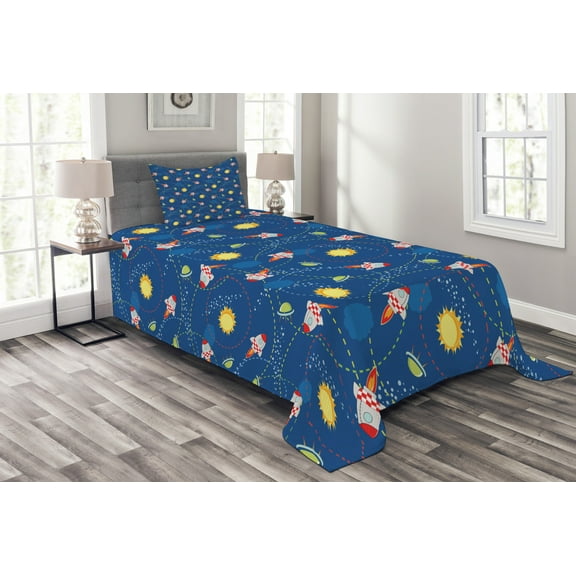 Ambesonne Space Quilted Bedspread Set 2 Pcs, Little Cartoon Rocket, Twin Size, Multicolor
