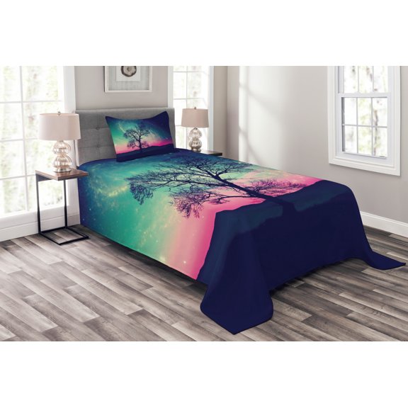 Ambesonne Space Quilted Bedspread Set 2 Pcs, Magic Night Sky Landscape, Twin Size, Pink Aqua Dark Blue