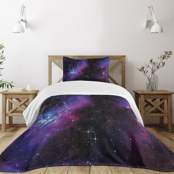 Ambesonne Space Quilted Bedspread Set 2 Pcs, Nebula Dark Galaxy Stars, Twin Size, Magenta Blue