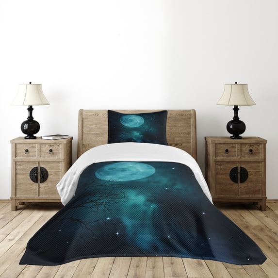 Ambesonne Space Quilted Bedspread Set 2 Pcs, Outer World Cosmos Moon, Twin Size, Petrol Blue