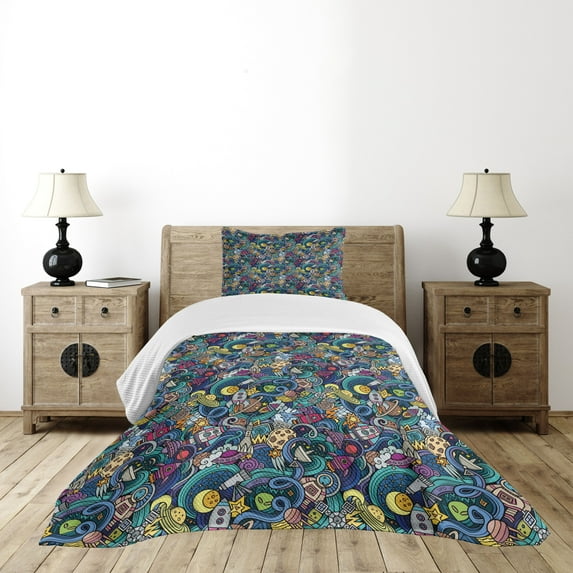 Ambesonne Space Quilted Bedspread Set 2 Pcs, Science Fiction Image, Twin Size, Multicolor