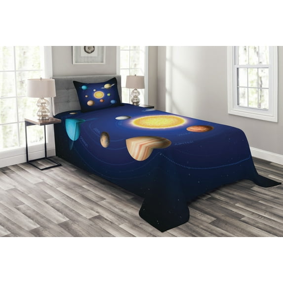 Ambesonne Space Quilted Bedspread Set 2 Pcs, Solar System with Planets, Twin Size, Multicolor