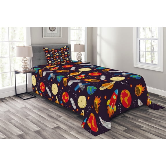 Ambesonne Space Quilted Bedspread Set 2 Pcs, Universe Theme Earth, Twin Size, Multicolor