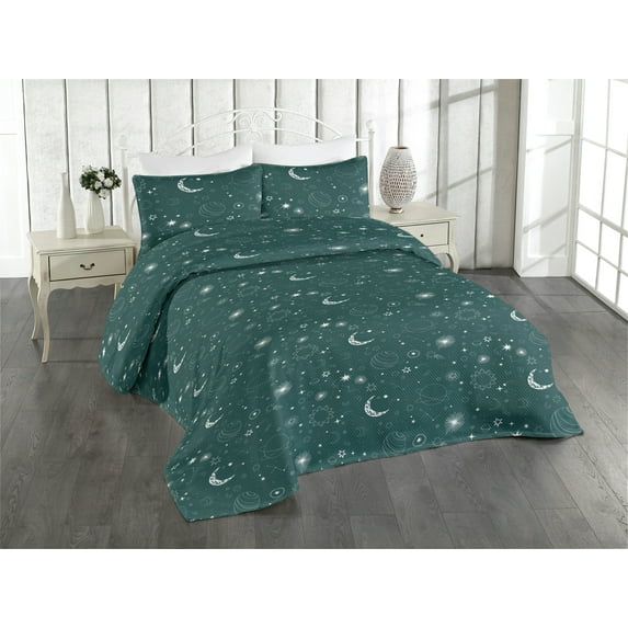 Ambesonne Space Quilted Bedspread Set 3 Pcs, Astrology Vibes Moon Stars, Queen, Dark Teal White