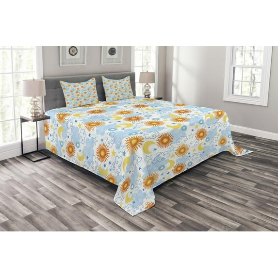 Ambesonne Space Quilted Bedspread Set 3 Pcs, Celestial Elements Tile, King Size, Multicolor