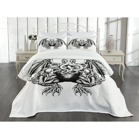 Ambesonne Space Quilted Bedspread Set 3 Pcs, Cosmic Evil Monster, Queen Size, Black White