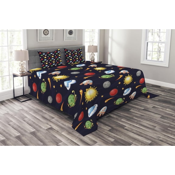 Ambesonne Space Quilted Bedspread Set 3 Pcs, Cosmos with Sun Planets, King Size, Multicolor