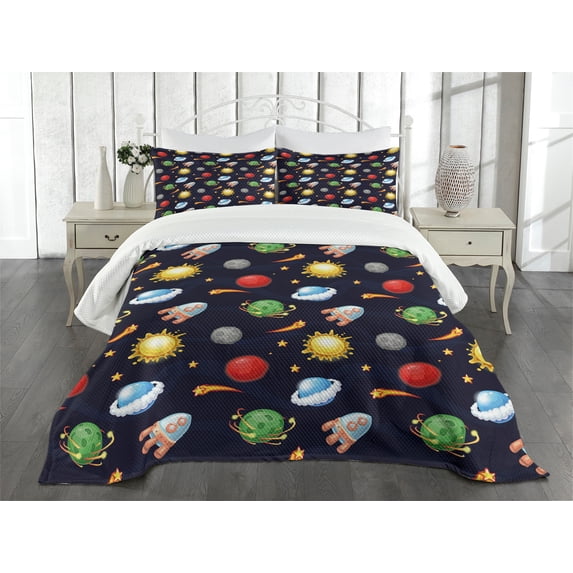 Ambesonne Space Quilted Bedspread Set 3 Pcs, Cosmos with Sun Planets, Queen Size, Multicolor