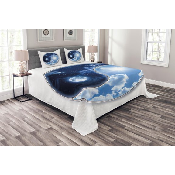 Ambesonne Space Quilted Bedspread Set 3 Pcs, Moon and Sun, King Size, Navy Blue Sky Blue White