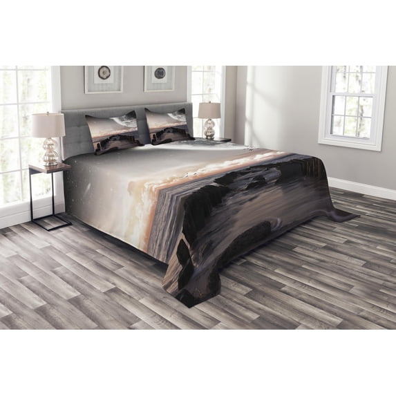 Ambesonne Space Quilted Bedspread Set 3 Pcs, Old Pier Sea and Beach, King Size, Pink Blue