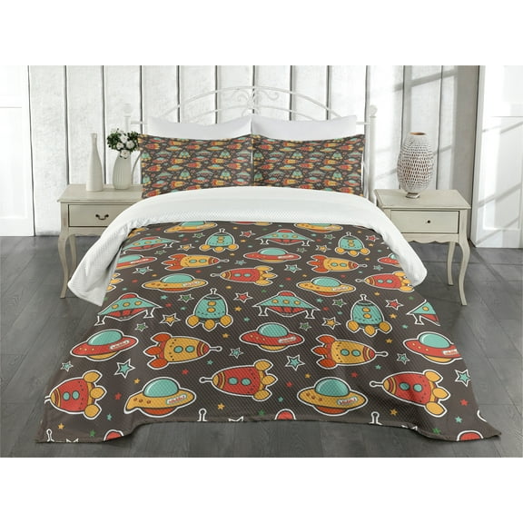 Ambesonne Space Quilted Bedspread Set 3 Pcs, Outer Space Elements, Queen Size, Multicolor