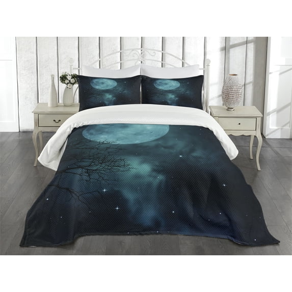 Ambesonne Space Quilted Bedspread Set 3 Pcs, Outer World Cosmos Moon, King Size, Petrol Blue