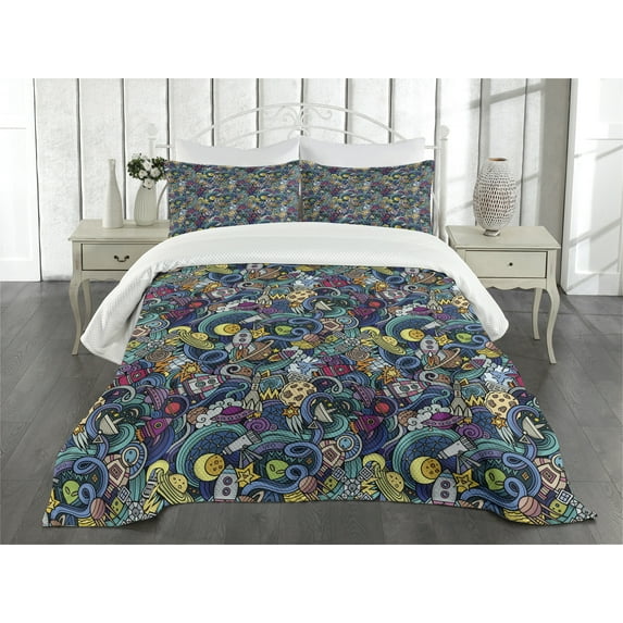 Ambesonne Space Quilted Bedspread Set 3 Pcs, Science Fiction Image, King Size, Multicolor