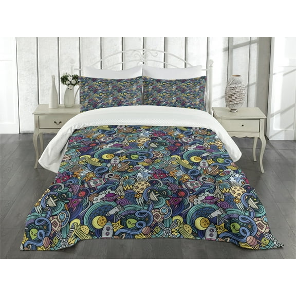 Ambesonne Space Quilted Bedspread Set 3 Pcs, Science Fiction Image, Queen Size, Multicolor