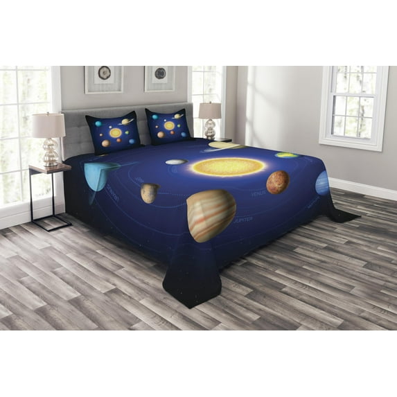 Ambesonne Space Quilted Bedspread Set 3 Pcs, Solar System with Planets, Queen Size, Multicolor