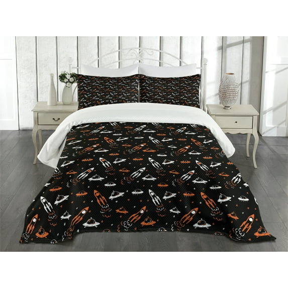 Ambesonne Space Quilted Bedspread Set 3 Pcs, Traveling into the Cosmos, King Size, Black Orange White