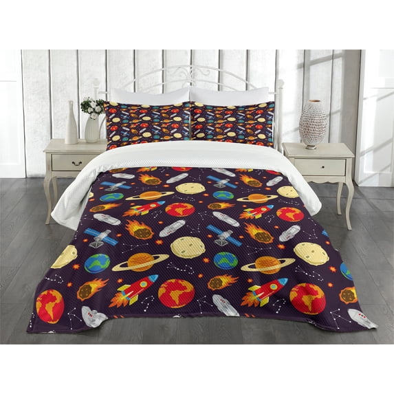 Ambesonne Space Quilted Bedspread Set 3 Pcs, Universe Theme Earth, King Size, Multicolor