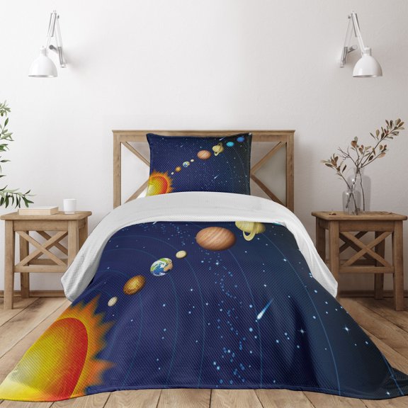 Ambesonne Space Quilted Coverlet 2 Pcs, Solar System with Sun, Twin Size, Dark Blue Orange