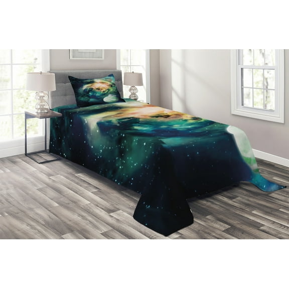 Ambesonne Space Quilted Coverlet 2 Pcs, Spiral Galaxy and Planets, Twin Size, Teal Blue Yellow