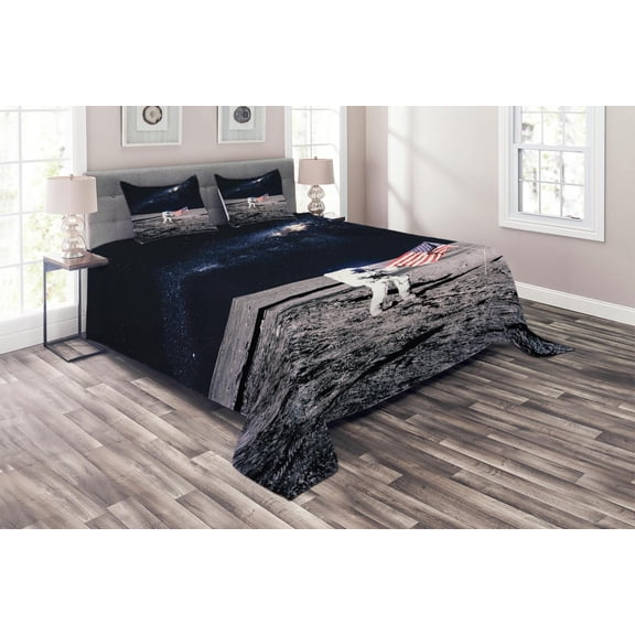 Ambesonne Space Quilted Coverlet 3 Pcs, Milky Way American Flag, King Size, Brown Blue