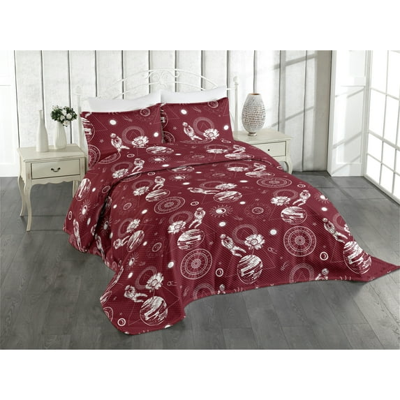 Ambesonne Space Quilted Coverlet 3 Pcs, Outer Space Astronaut Moon, King Size, Ruby Eggshell