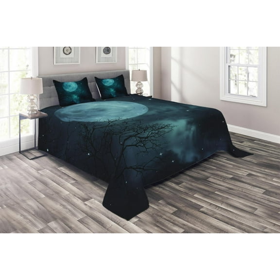 Ambesonne Space Quilted Coverlet 3 Pcs, Outer World Cosmos Moon, Queen Size, Petrol Blue