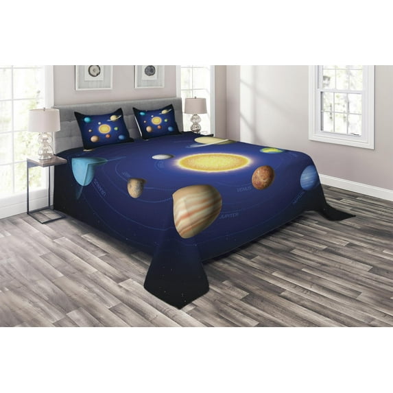 Ambesonne Space Quilted Coverlet 3 Pcs, Solar System with Planets, King Size, Multicolor