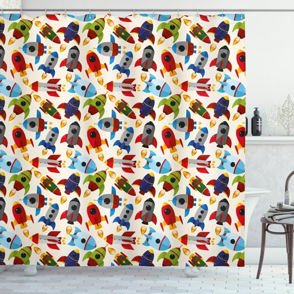 Ambesonne Space Shower Curtain, Cartoon with Spaceships, 69"Wx84"L, Multicolor