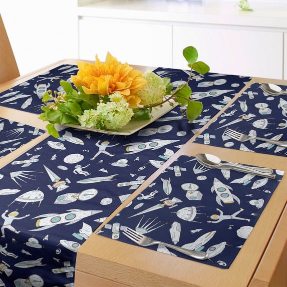 Ambesonne Space Table Runner & Placemats, Cosmic Adventure, Placemat 4 pcs + Runner 16"x90", Indigo White