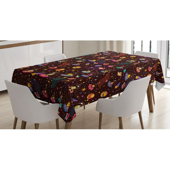 Ambesonne Space Tablecloth Rectangular Table Cover, Alien Planets and UFOs, 52"x70", Multicolor