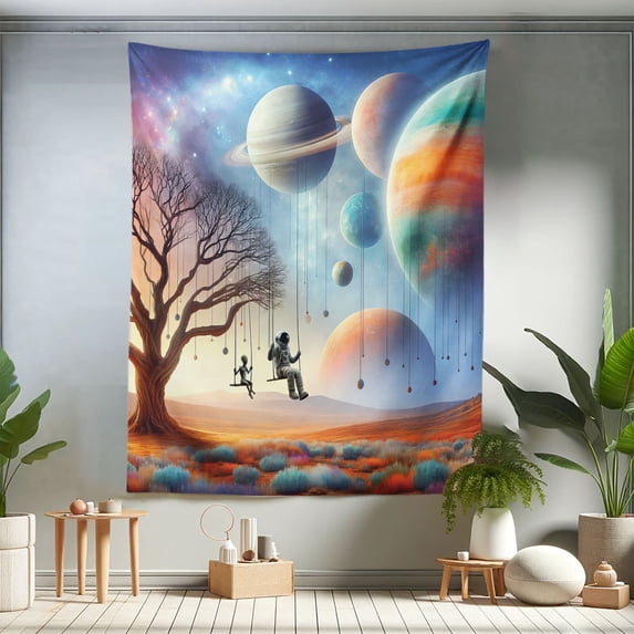 Ambesonne Space Tapestry Twin Size, Galaxy Alien Astronauts Art, 68"x88", Lavender Teal Orange