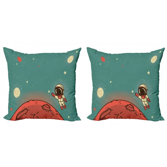 Ambesonne Space Throw Pillow Cover 2 Pack, Doodle Cosmonaut, 18", Coral Turquoise Ivory