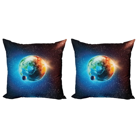 Ambesonne Space Throw Pillow Cover 2 Pack, Planet Earth Sun Rays, 16", Red Blue