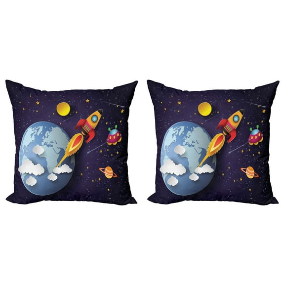 Ambesonne Space Throw Pillow Cover 2 Pack, Rocket Earth Stars UFO, 20", Multicolor