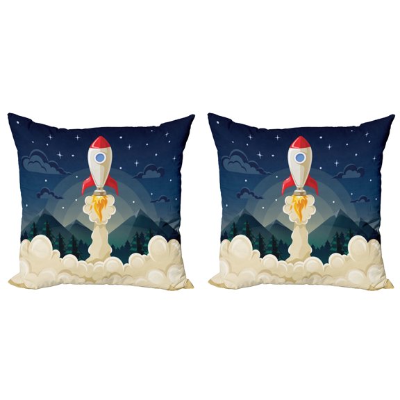 Ambesonne Space Throw Pillow Cover 2 Pack, Rocket in the Woodlands, 16", Multicolor