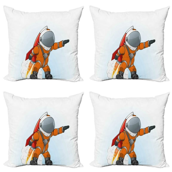 Ambesonne Space Throw Pillow Cover 4 Pack, Astronaut Galaxy Journey, 18", Orange Grey Red