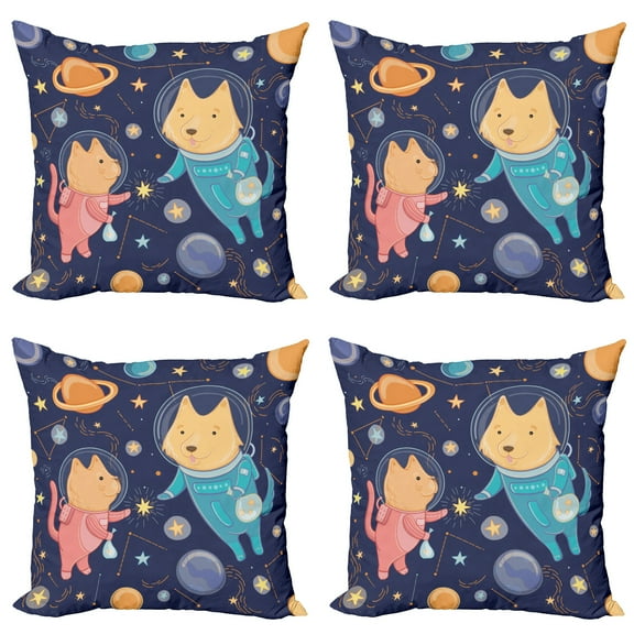 Ambesonne Space Throw Pillow Cover 4 Pack, Cartoon Dog Astronaut, 18", Multicolor