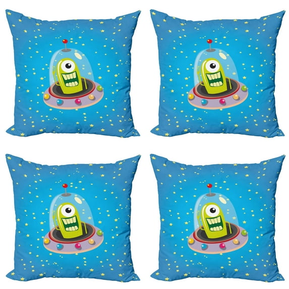 Ambesonne Space Throw Pillow Cover 4 Pack, Comic UFO and Alien, 18", Multicolor