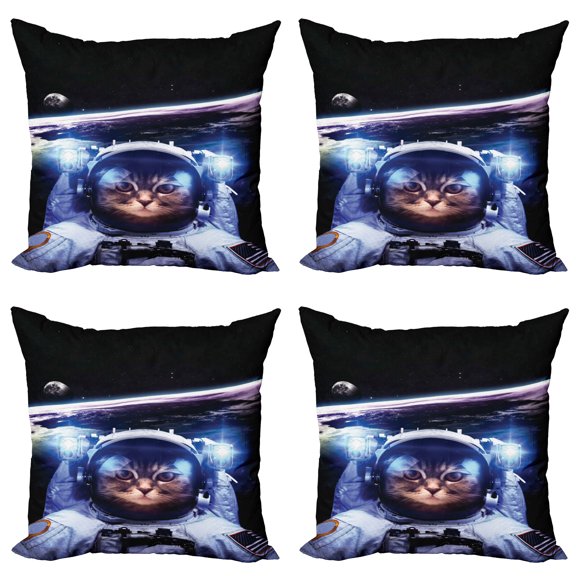 Ambesonne Space Throw Pillow Cover 4 Pack, Funny Astronaut Cat Humor, 20", Blue White