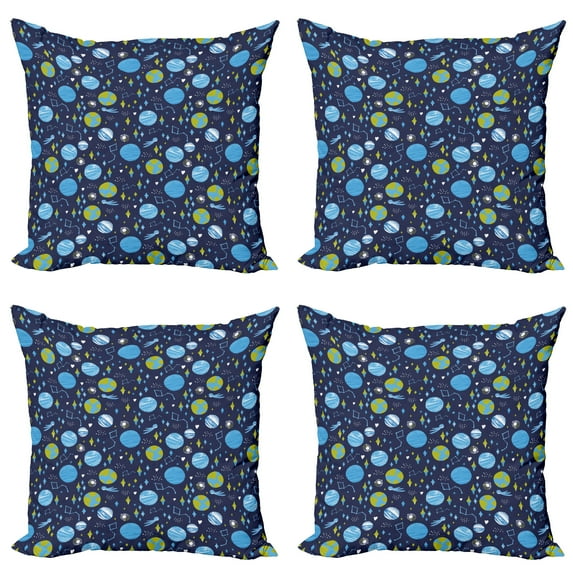 Ambesonne Space Throw Pillow Cover 4 Pack, Hand Drawn Flying Elements, 24", Night Blue Sky Blue