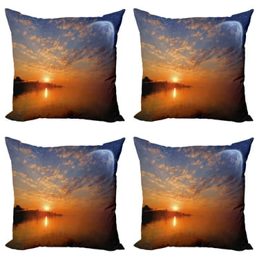 Ambesonne Space Throw Pillow Cover 4 Pack, Skyline with Planet Sun, 24", Orange Blue