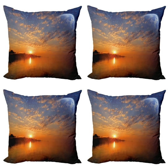 Ambesonne Space Throw Pillow Cover 4 Pack, Skyline with Planet Sun, 24", Orange Blue