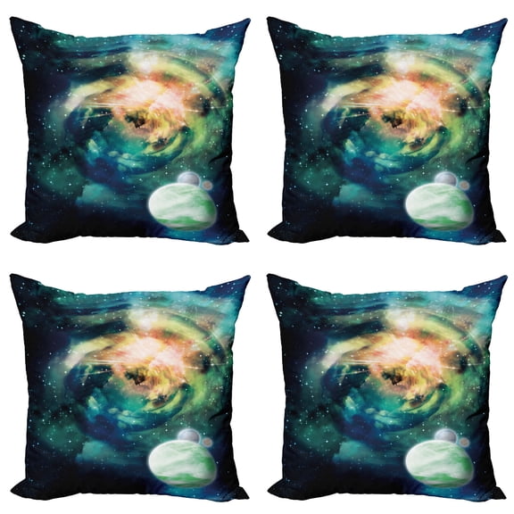 Ambesonne Space Throw Pillow Cover 4 Pack, Spiral Galaxy and Planets, 18", Teal Blue Yellow