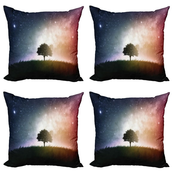 Ambesonne Space Throw Pillow Cover 4 Pack, Tree in Field with Stars, 24", Magenta and Blue